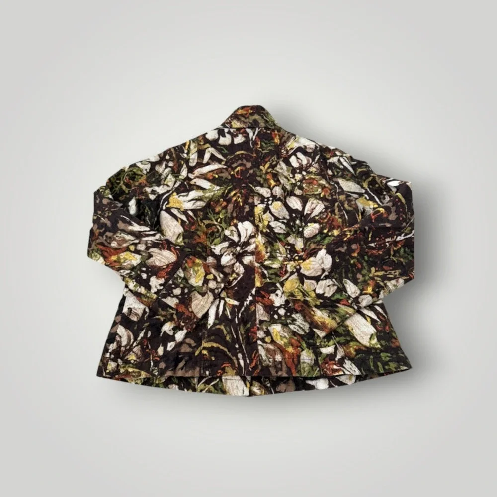 Chicos Floral Jacket Women Medium Brown Textured Botanical Art To Wear Lagenlook